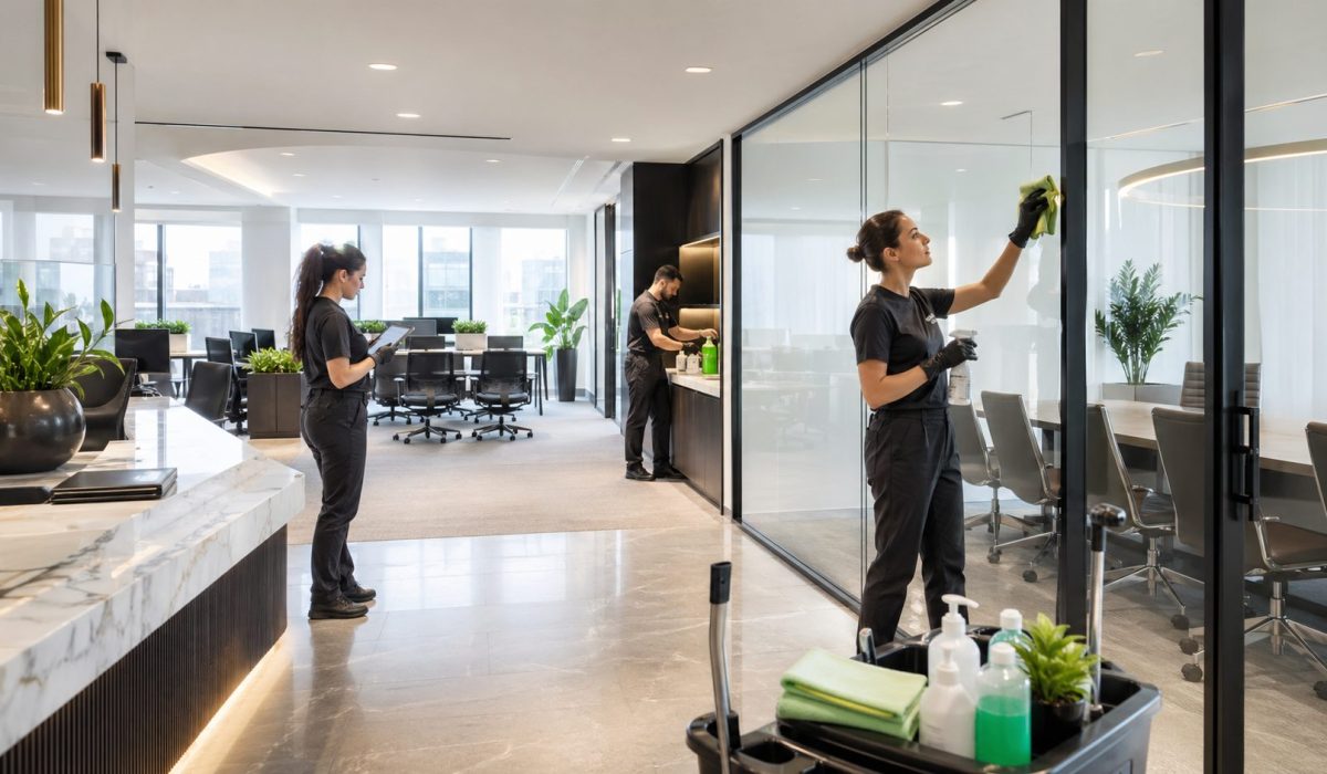 Équipe professionnelle réalisant un nettoyage de bureaux premium dans un espace de travail moderne et lumineux