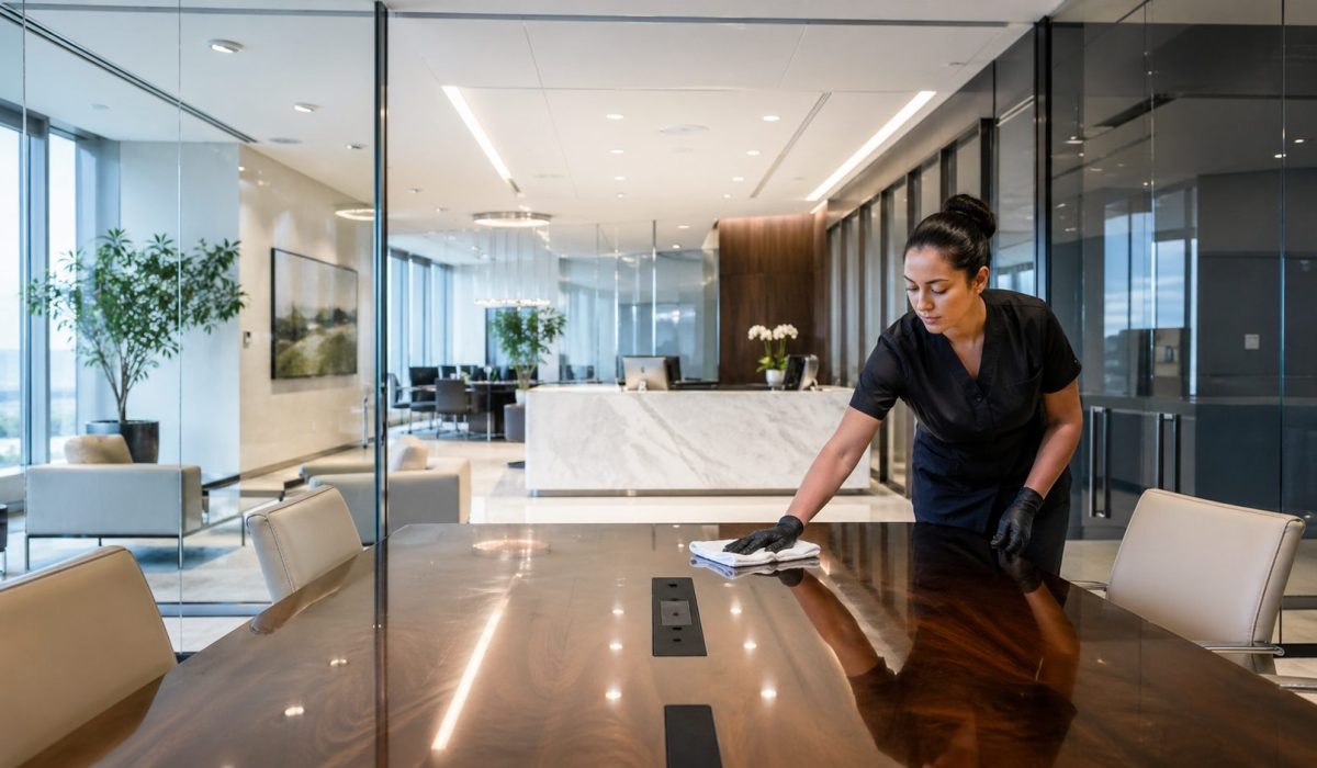 Agent de nettoyage professionnel entretenant une table de réunion dans des bureaux haut de gamme modernes et impeccables