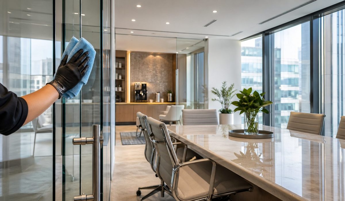 Agent nettoyant une paroi vitrée dans un bureau premium moderne avec table de réunion impeccable et espace lumineux