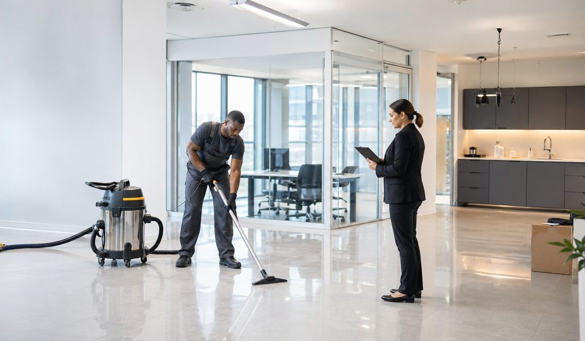 Agent de nettoyage professionnel nettoyant des bureaux modernes avant la restitution d’un bail professionnel