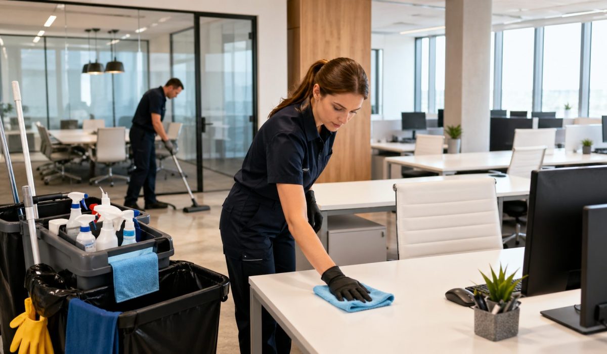 Agent de propreté nettoyant un bureau moderne dans une entreprise multiservices avec matériel professionnel