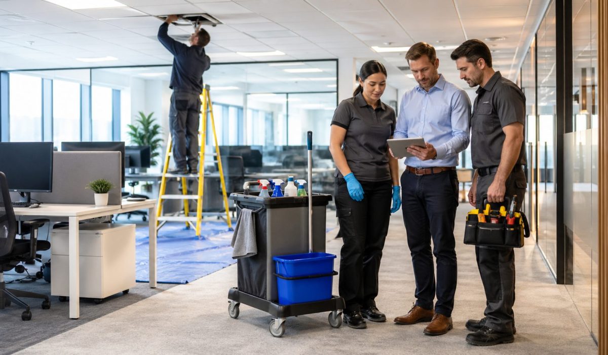 Coordination de l’entretien de bureaux avec une équipe de nettoyage et des prestataires techniques dans des locaux professionnels modernes
