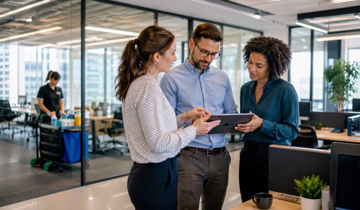 Employés analysant les retours des salariés sur le nettoyage de bureaux dans un espace de travail moderne
