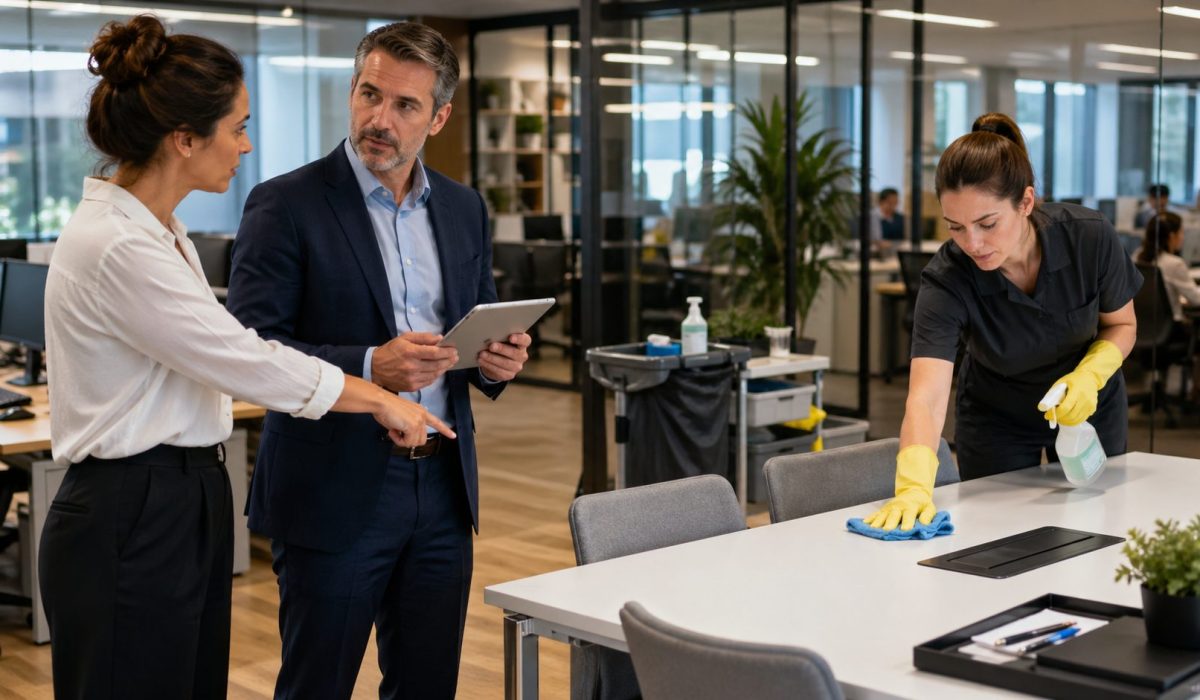 Professionnels transformant une remarque sur l’entretien de bureaux en action concrète avec une agente de nettoyage intervenant dans un espace de travail moderne.