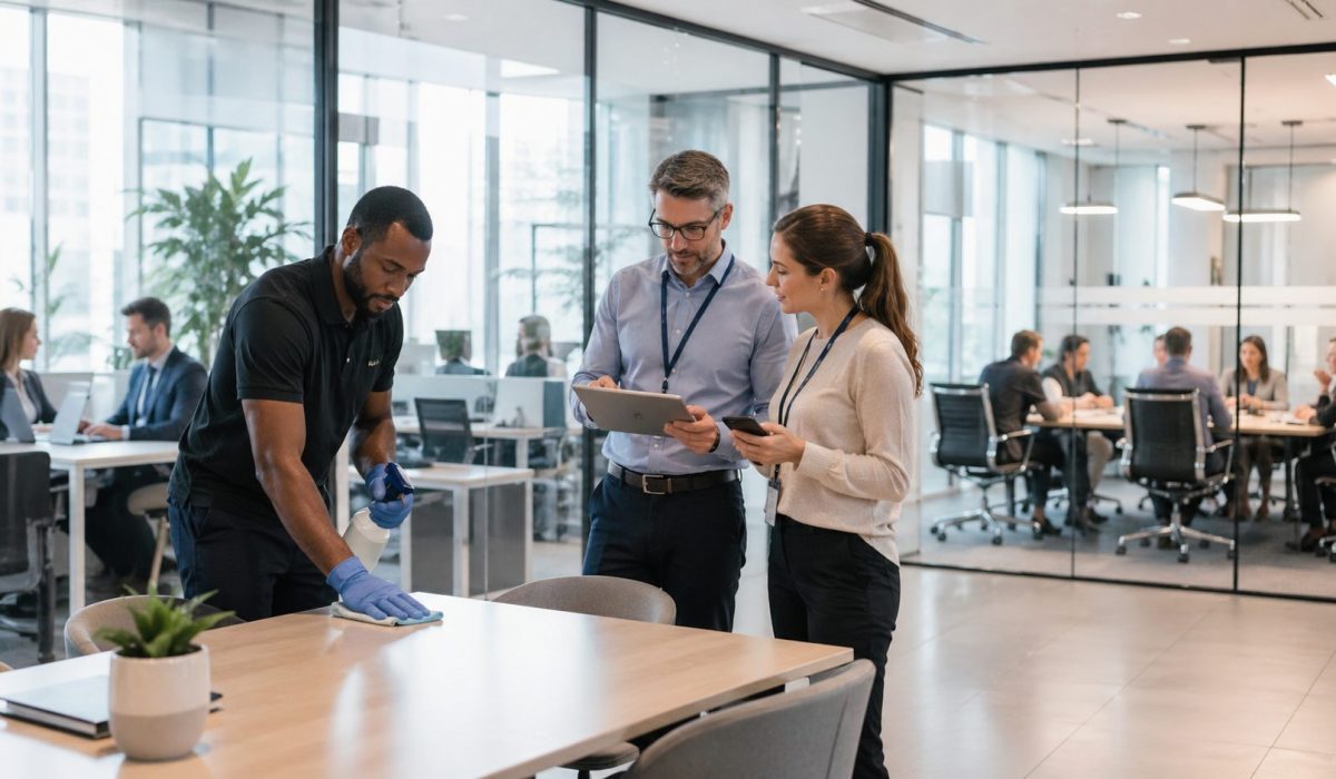 Agent d’entretien nettoyant une table de bureau pendant que deux collaborateurs suivent la propreté des locaux sur tablette et smartphone