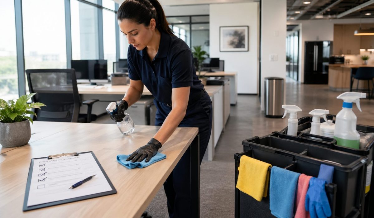 Agent d’entretien nettoyant un bureau moderne avec une checklist de nettoyage et un chariot organisé pour garantir un entretien régulier des locaux professionnels.