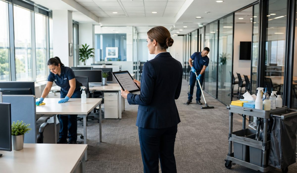 Agent d’entretien dans un bureau moderne avec des zones propres et quelques signes de désordre illustrant une propreté irrégulière malgré un contrat de nettoyage.
