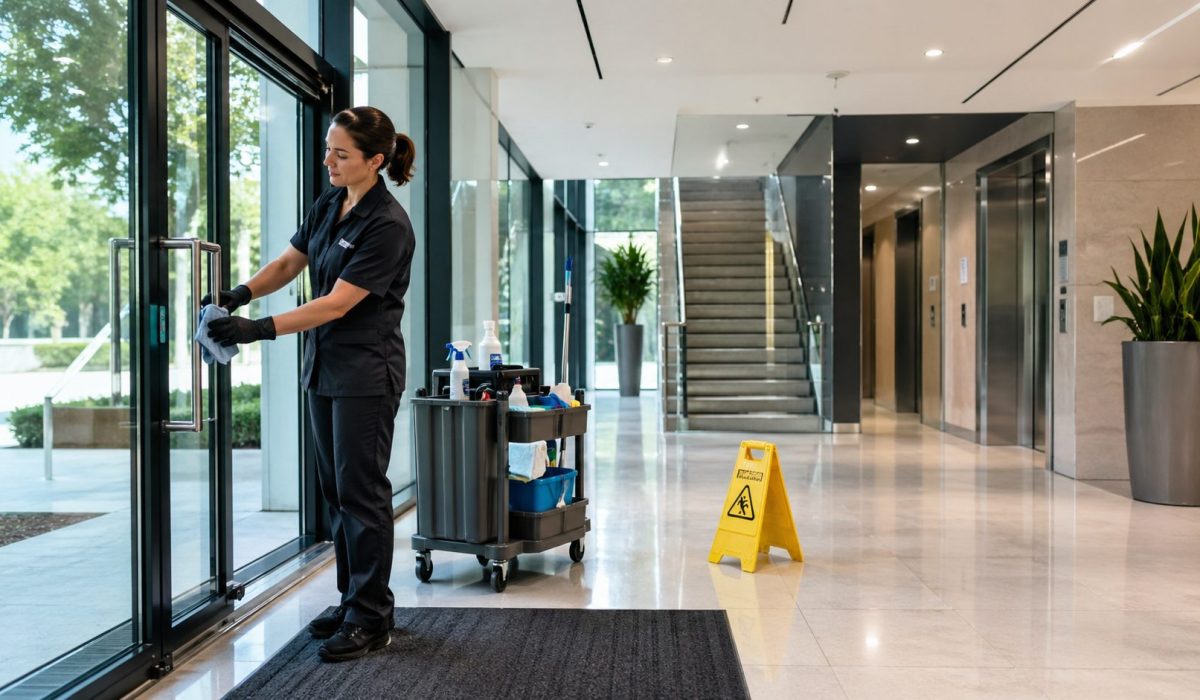 Agent d’entretien nettoyant une porte vitrée dans un hall de bureaux moderne avec chariot de nettoyage, tapis d’entrée et panneau sol humide.