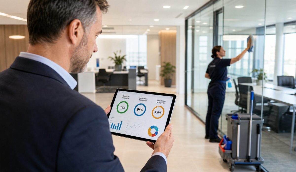 Responsable consultant des indicateurs de performance sur tablette pour piloter le nettoyage de bureaux pendant qu’un agent entretient les locaux