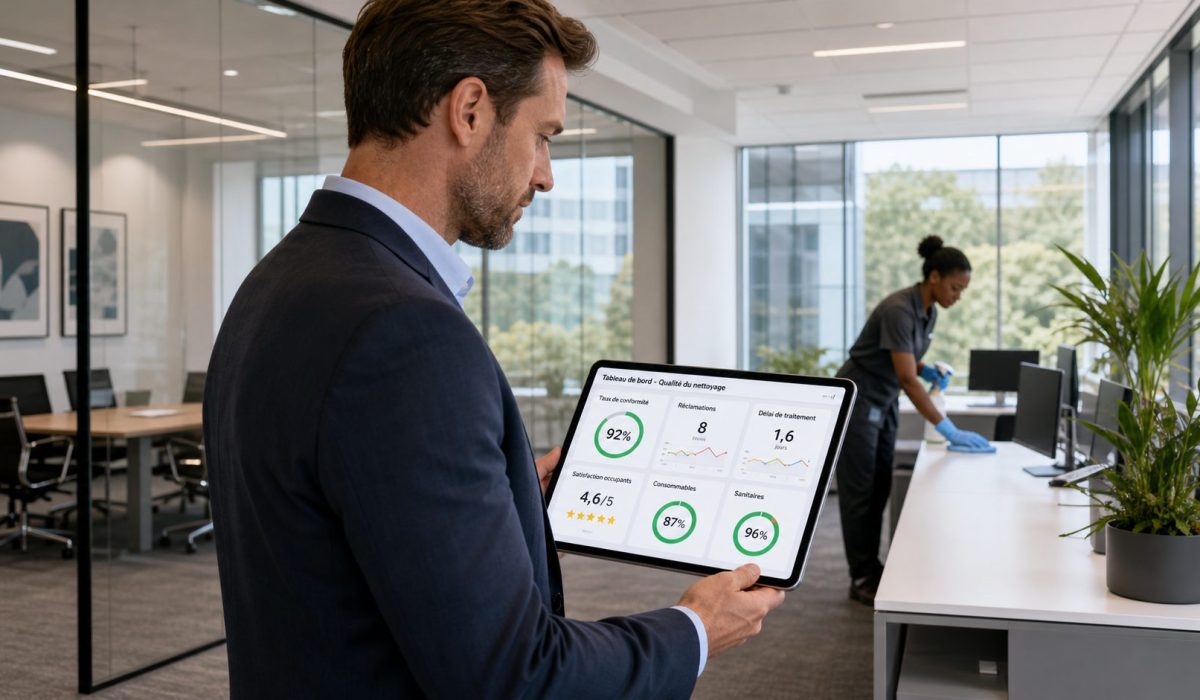 Responsable facility management analysant les KPI d’entretien de bureaux sur une tablette dans un espace de travail propre