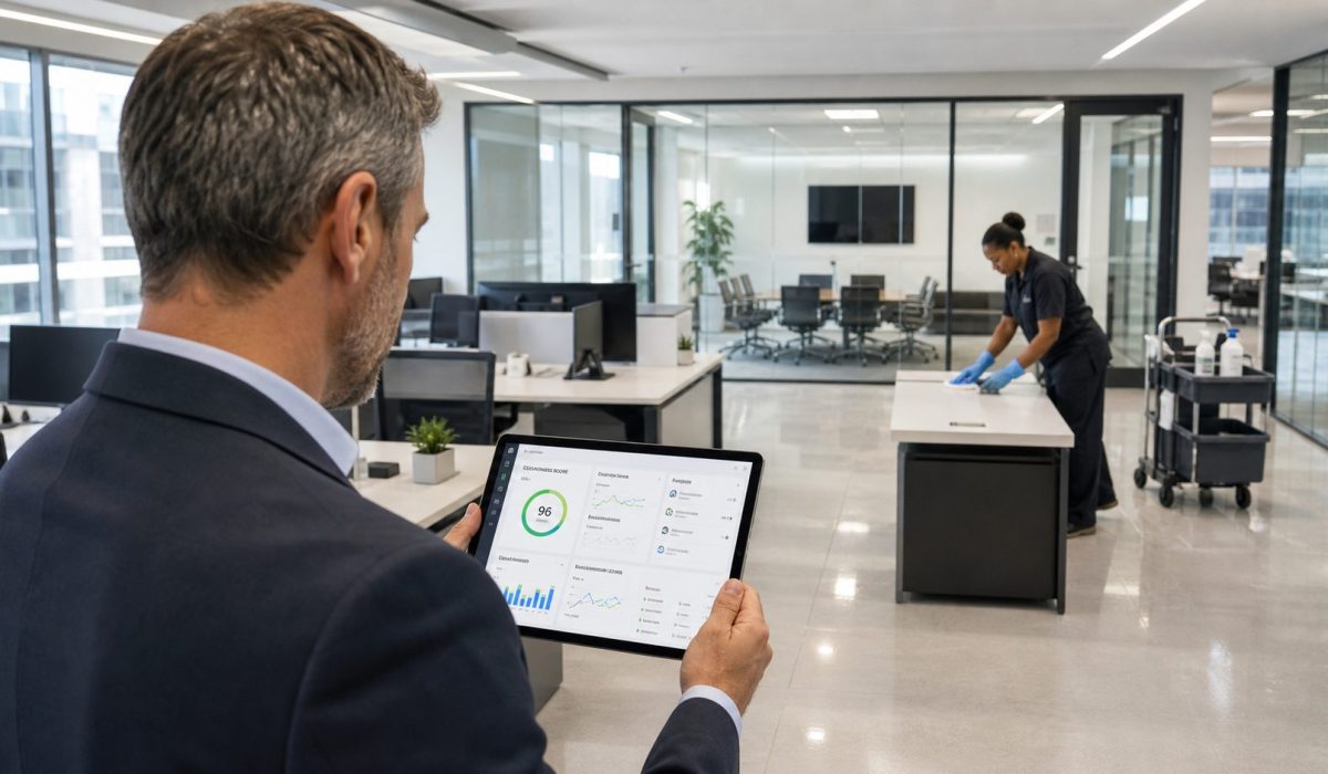Responsable consultant un tableau de bord d’indicateurs de propreté dans des bureaux modernes pendant qu’une agente nettoie un espace de travail