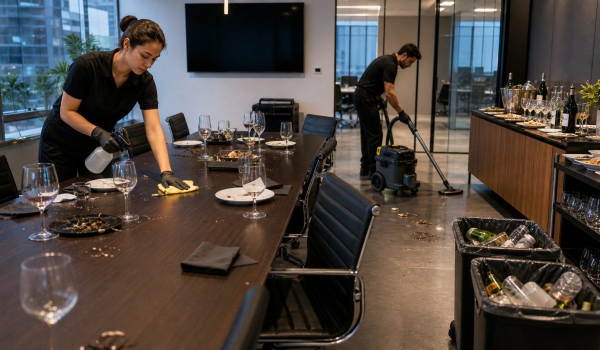Agents de nettoyage renforçant l’entretien de bureaux après un pot d’entreprise dans une salle de réunion moderne