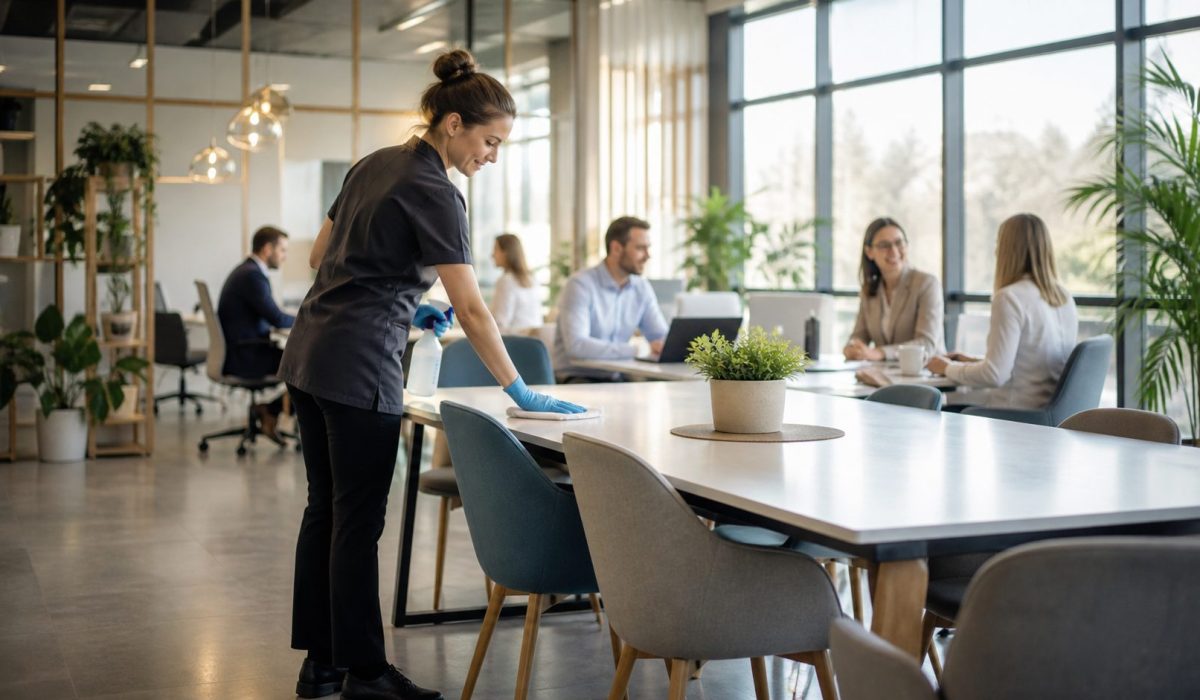 Agent d’entretien nettoyant une table dans un bureau moderne avec des salariés au travail dans un environnement propre et agréable