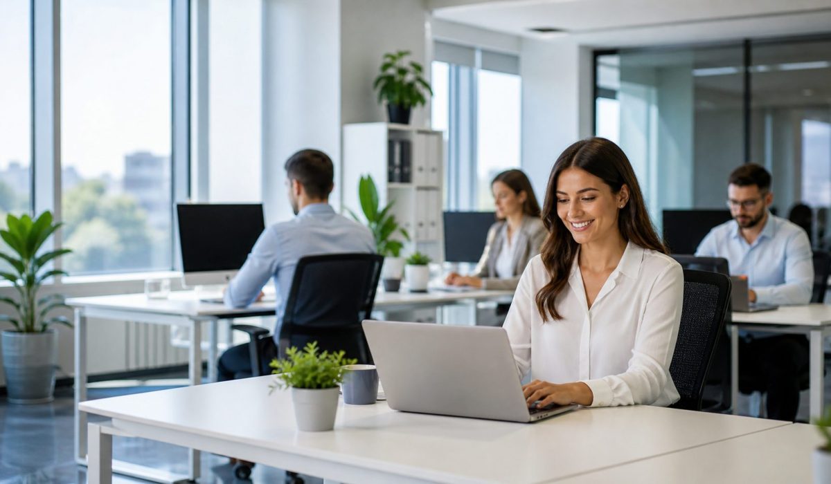 Employés souriants travaillant dans un bureau propre, lumineux et bien rangé, illustrant l’impact de la propreté sur la satisfaction quotidienne au travail