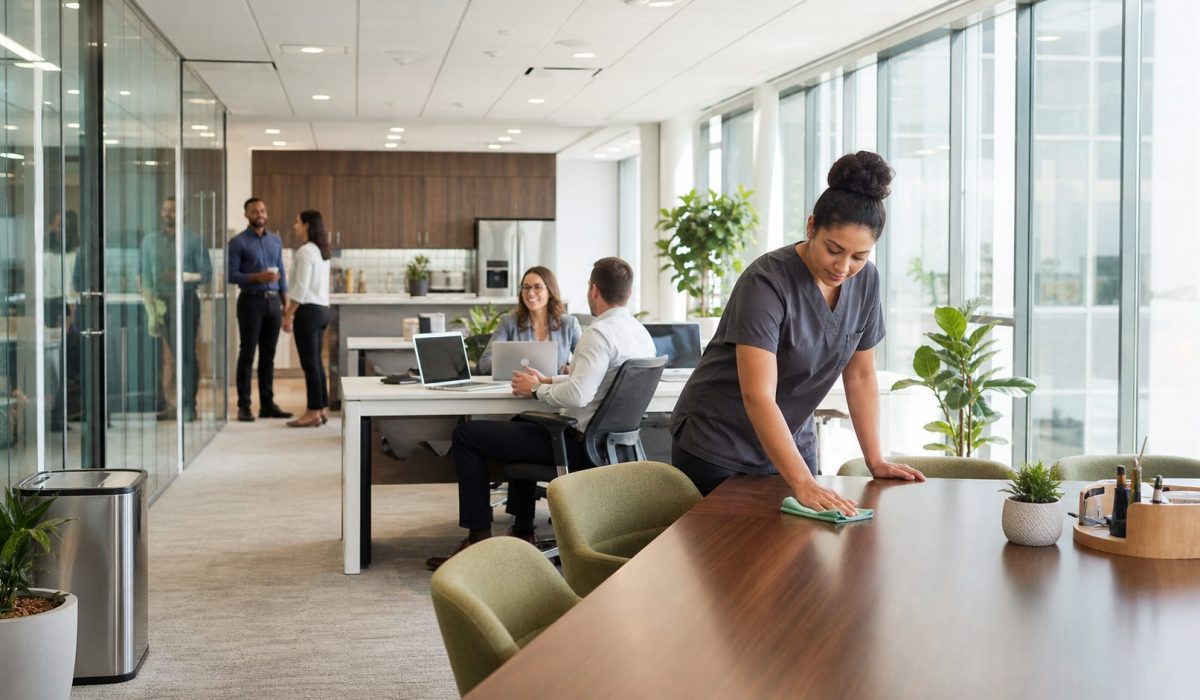 Agent d’entretien nettoyant une table dans des bureaux modernes afin de maintenir un environnement de travail propre, organisé et agréable pour les collaborateurs