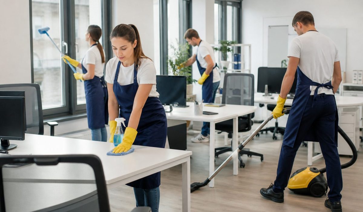 Équipe de nettoyage professionnel intervenant dans des bureaux modernes selon des horaires définis dans un contrat