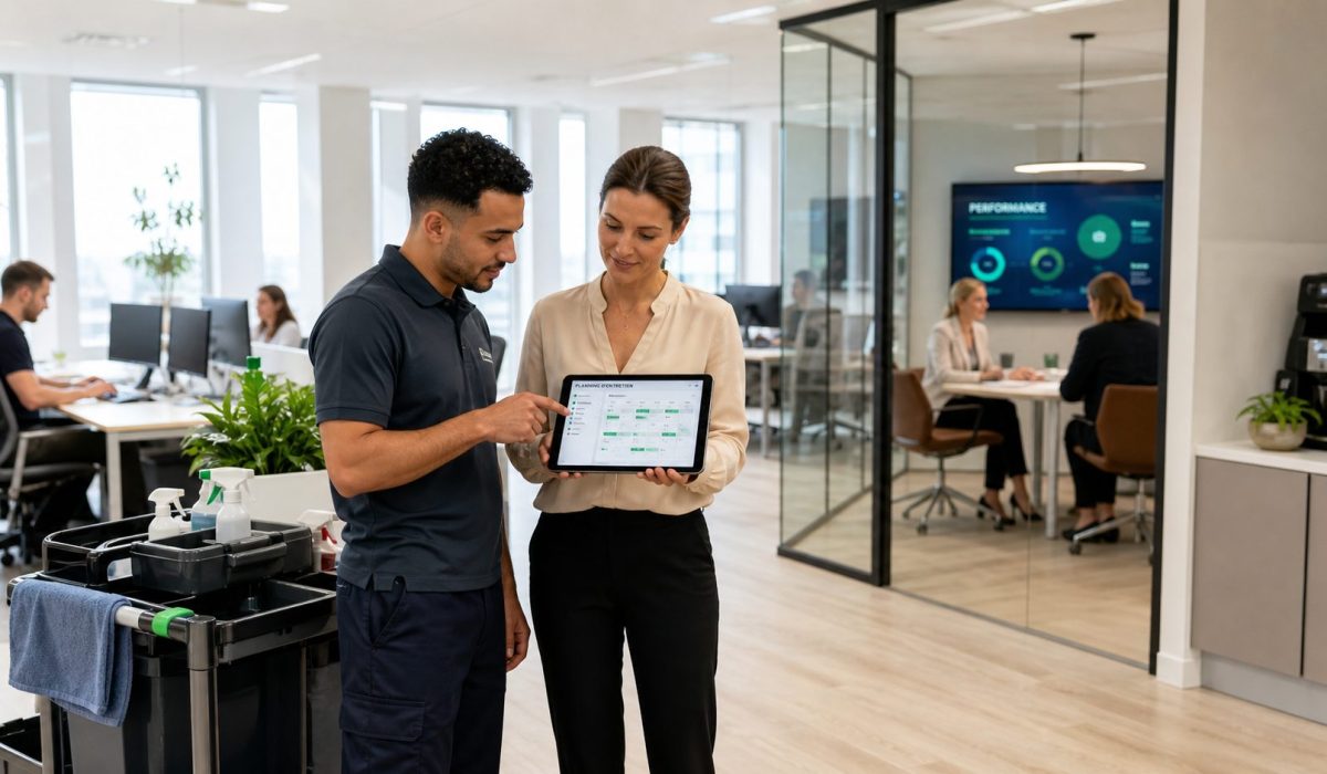 Agent d’entretien et responsable de site consultant un planning de nettoyage sur tablette dans un bureau moderne