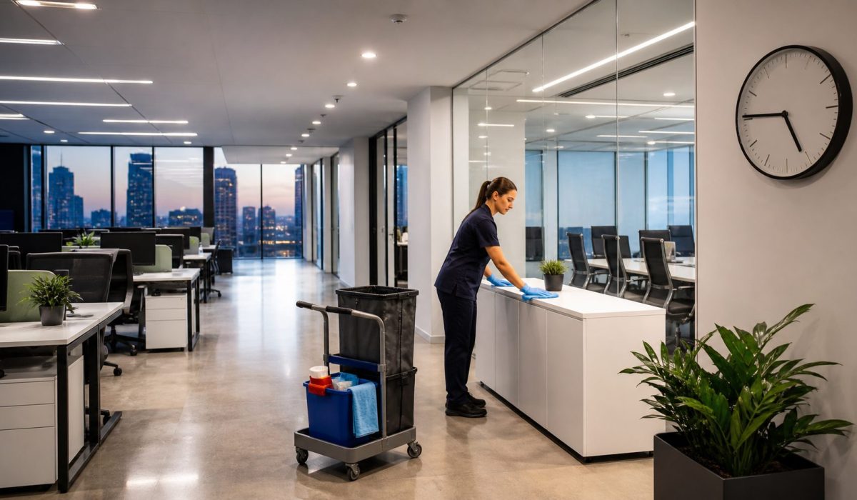 Agent d’entretien nettoyant des bureaux modernes en dehors des horaires de travail pour garantir des espaces propres et bien organisés