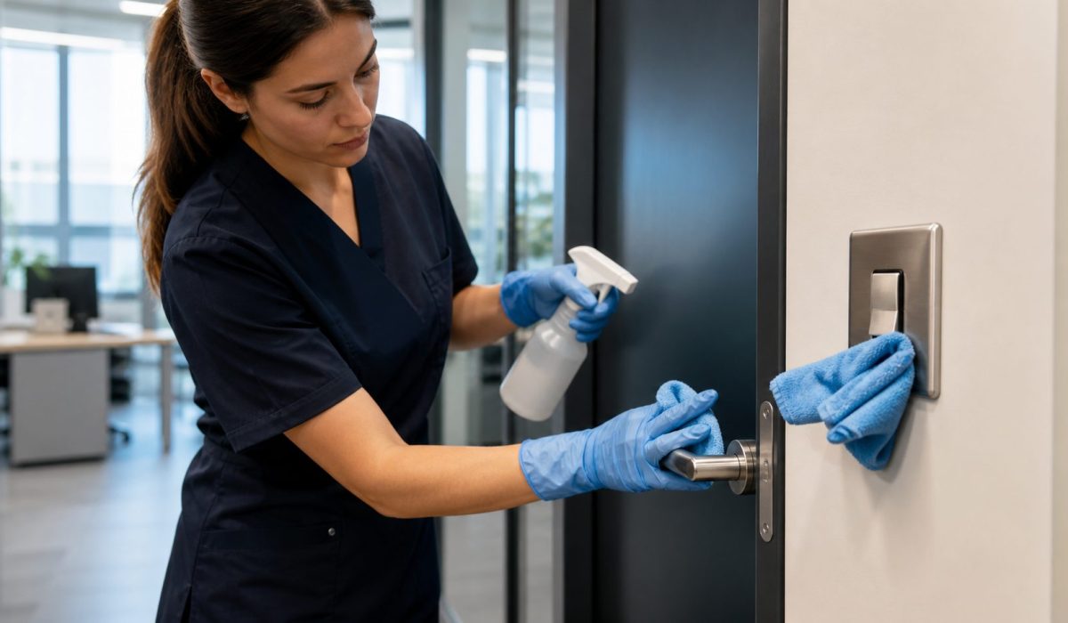 Agent de nettoyage désinfectant une poignée de porte et un interrupteur dans un bureau moderne