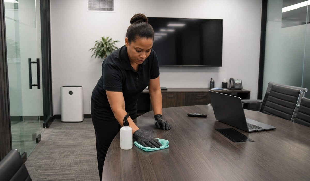Agent d’entretien nettoyant une table de réunion dans un bureau moderne peu ventilé avec une microfibre et un produit adapté