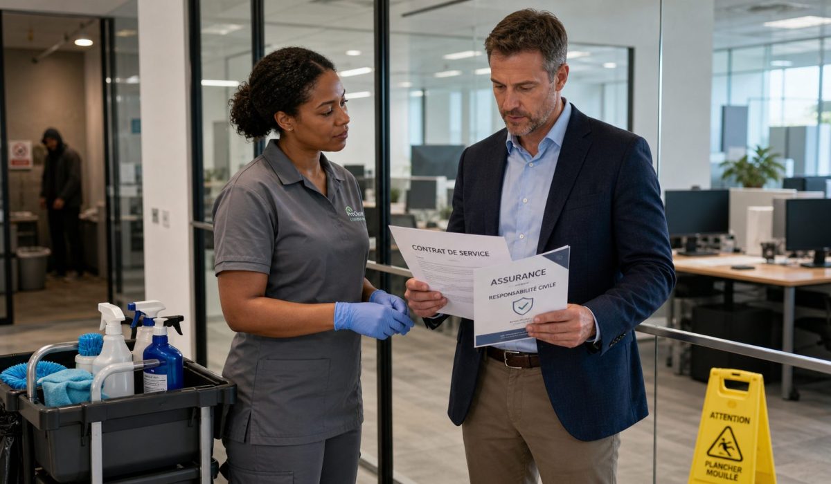 Agent de nettoyage professionnel et responsable d’entreprise vérifiant un contrat d’assurance pour l’entretien sécurisé des bureaux