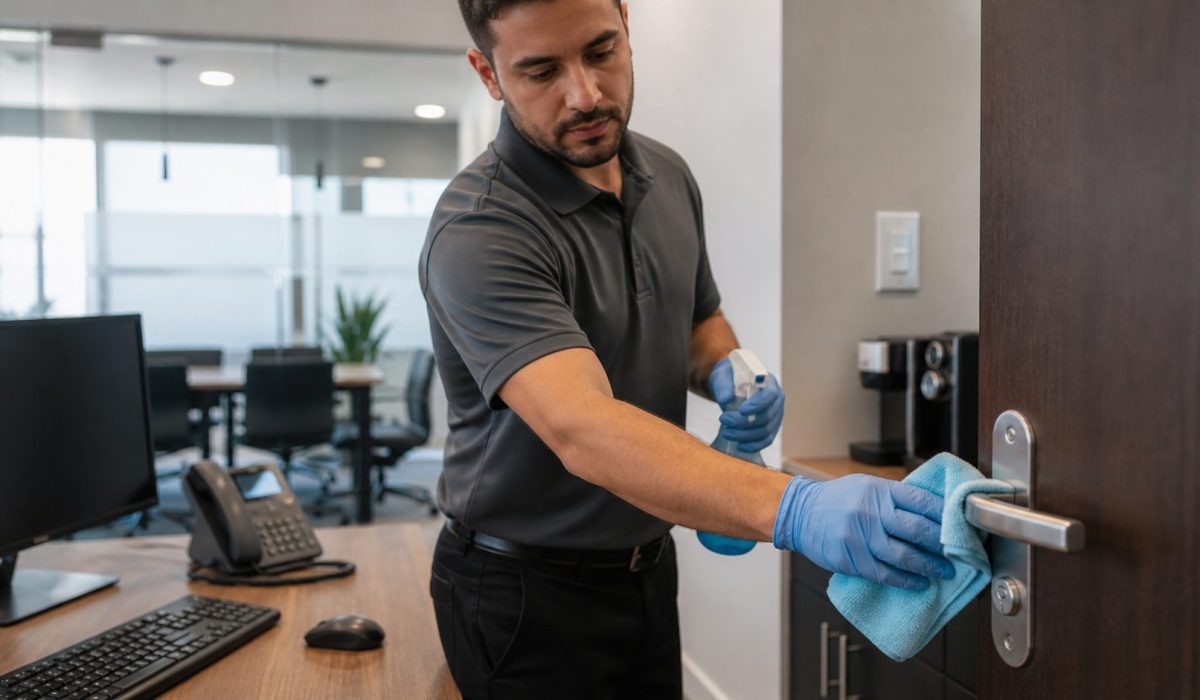 Agent de nettoyage désinfectant une poignée de porte dans un bureau moderne afin de cibler les points de contact quotidiens.