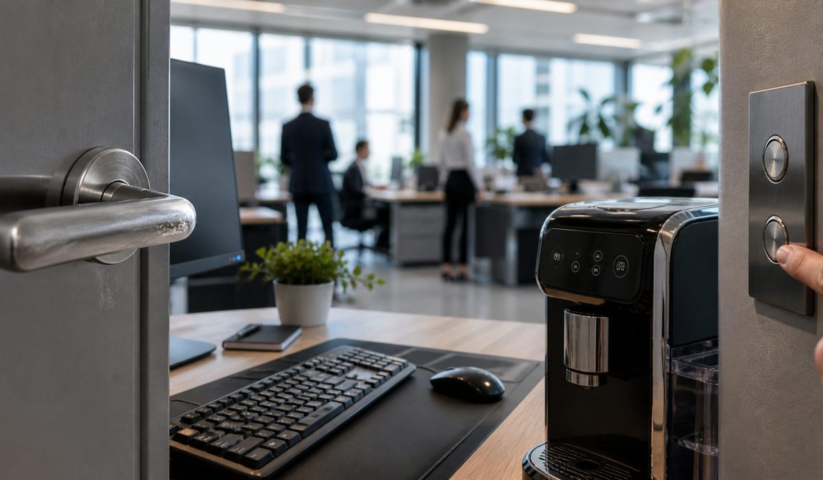 Bureau moderne avec poignée de porte, clavier, souris, machine à café et bouton d’ascenseur illustrant les zones touchées en continu qui fragilisent la propreté des bureaux
