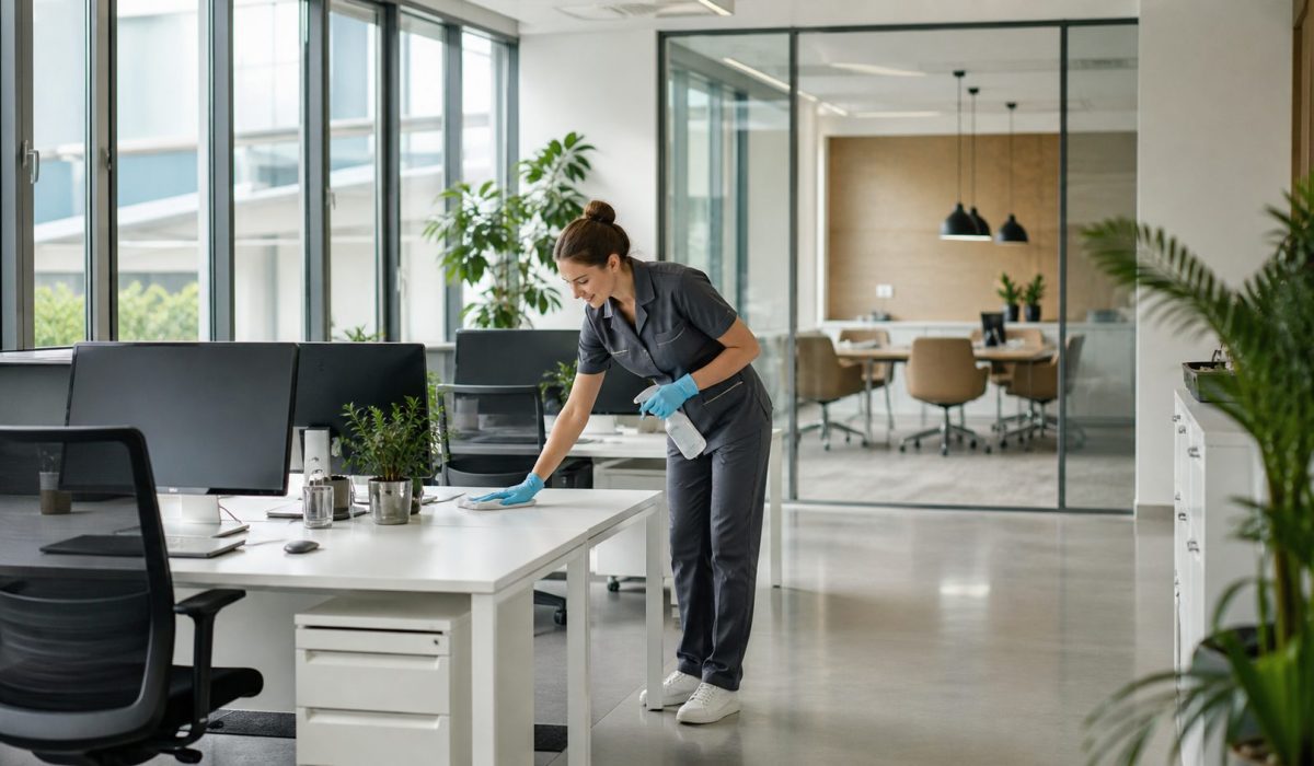 Agent de nettoyage entretenant un bureau moderne pour créer un espace de travail propre, organisé et serein au quotidien