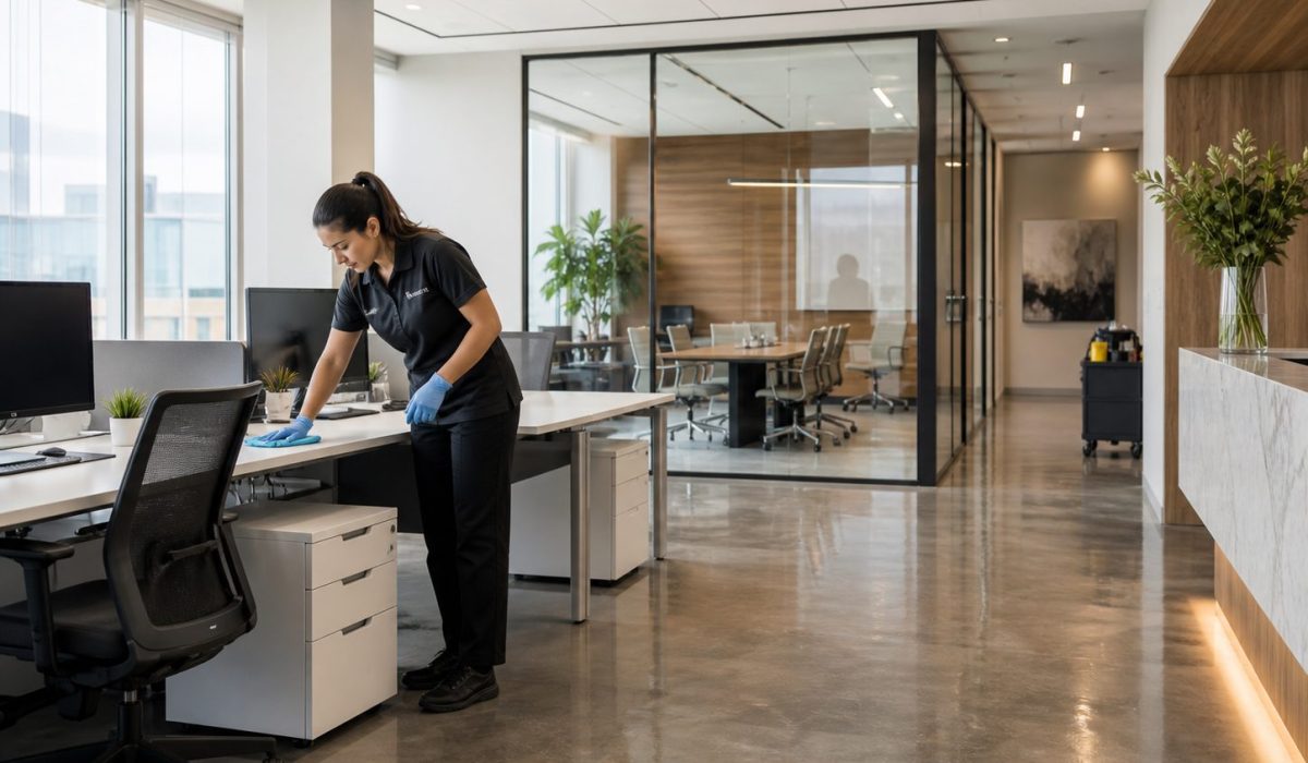 Agent d’entretien nettoyant un bureau moderne et propre pour renforcer l’image professionnelle de l’entreprise