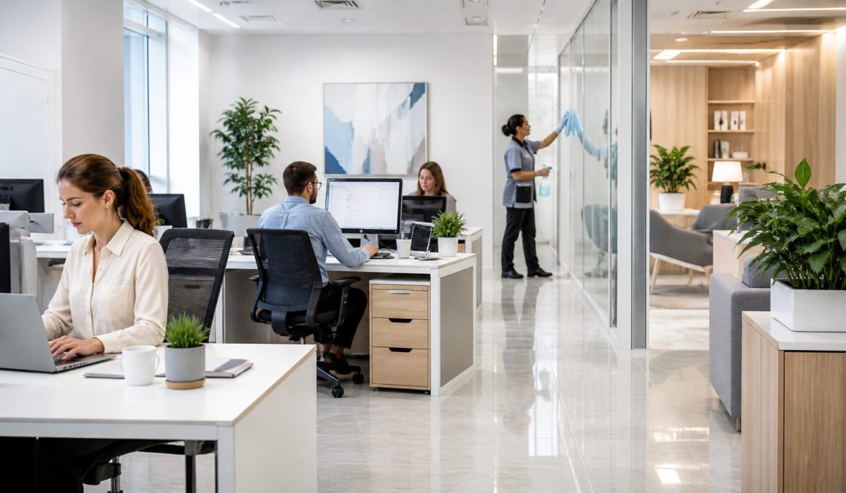 Bureau moderne propre et lumineux avec des salariés concentrés et une agente d’entretien nettoyant une cloison vitrée