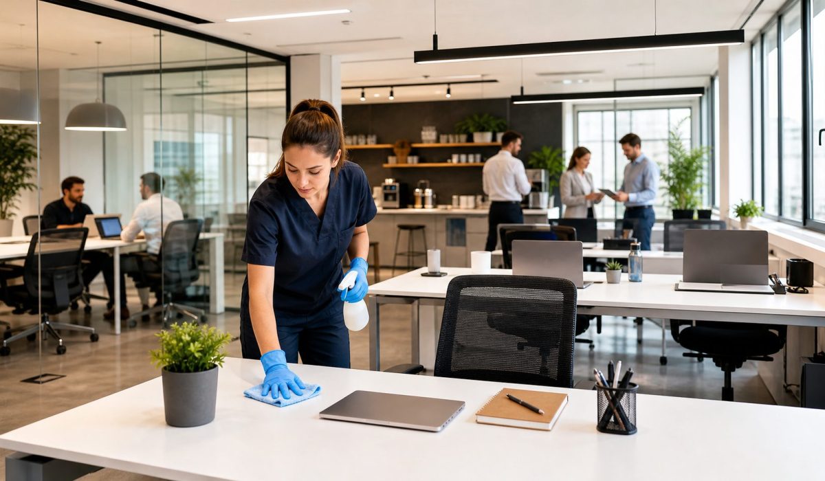 Agent de nettoyage désinfectant un bureau moderne dans une startup en croissance