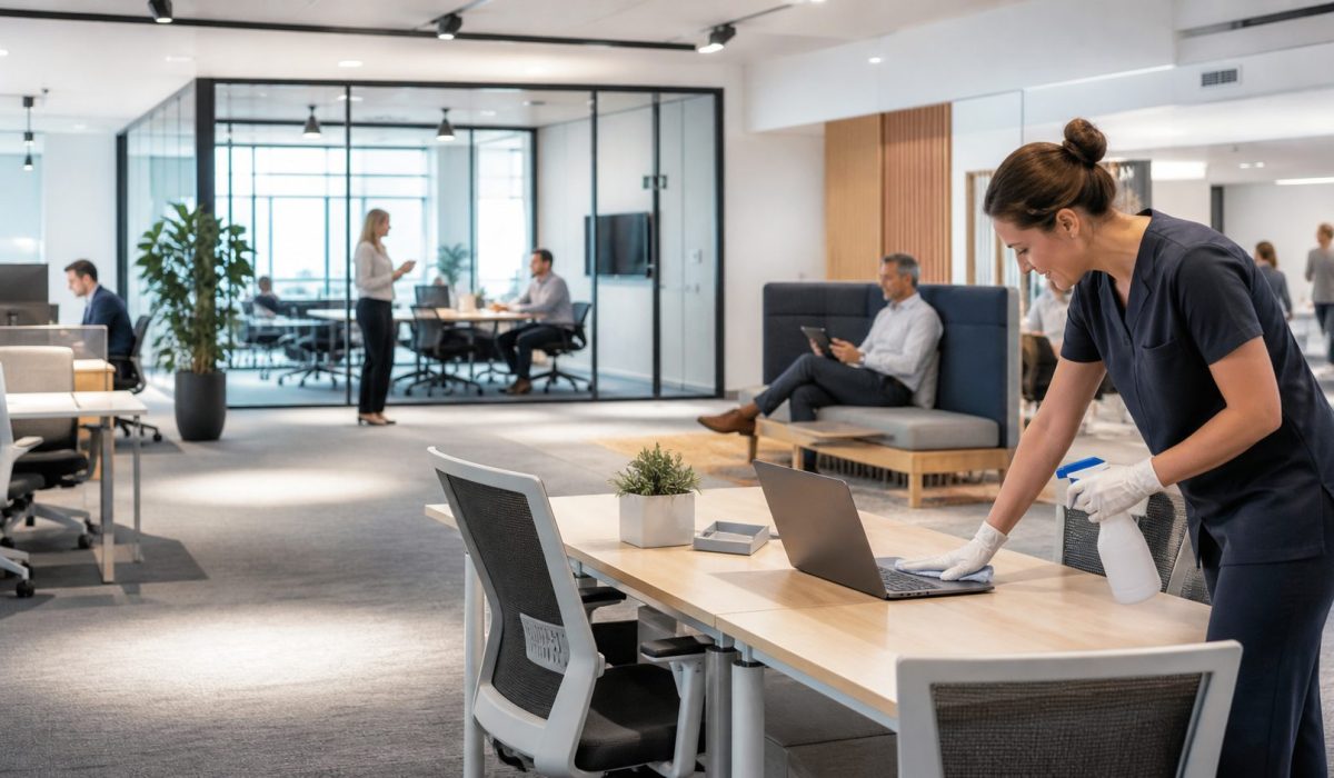 Agent de nettoyage désinfectant un poste de travail dans des bureaux modernes et flexibles