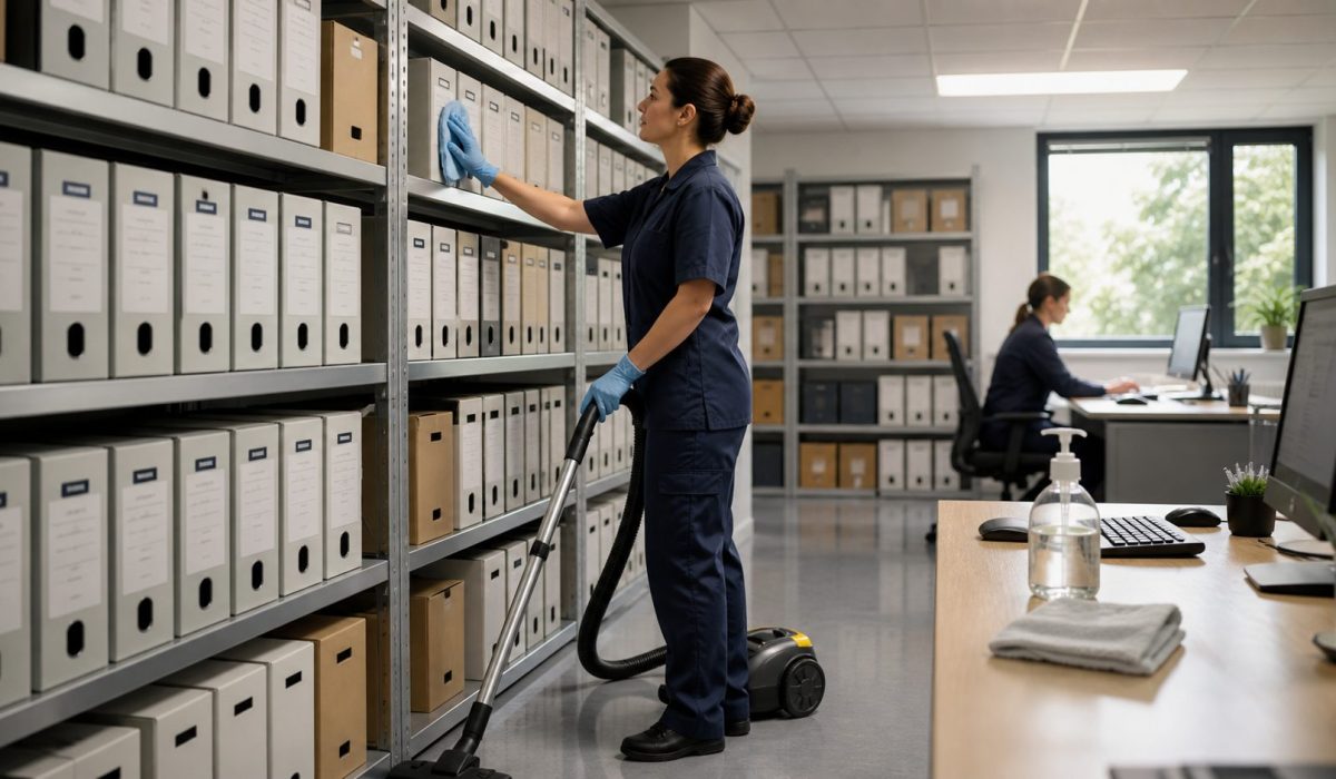 Agent de propreté nettoyant soigneusement une zone d’archives avec des boîtes de classement et un bureau organisé