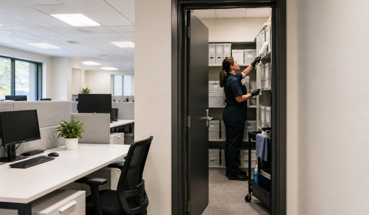 Agent d’entretien nettoyant une pièce d’archives rarement ouverte dans des bureaux modernes et propres