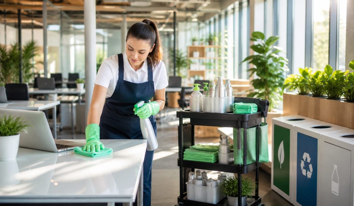 Agent de nettoyage utilisant des produits écologiques dans un bureau moderne avec tri sélectif et plantes vertes