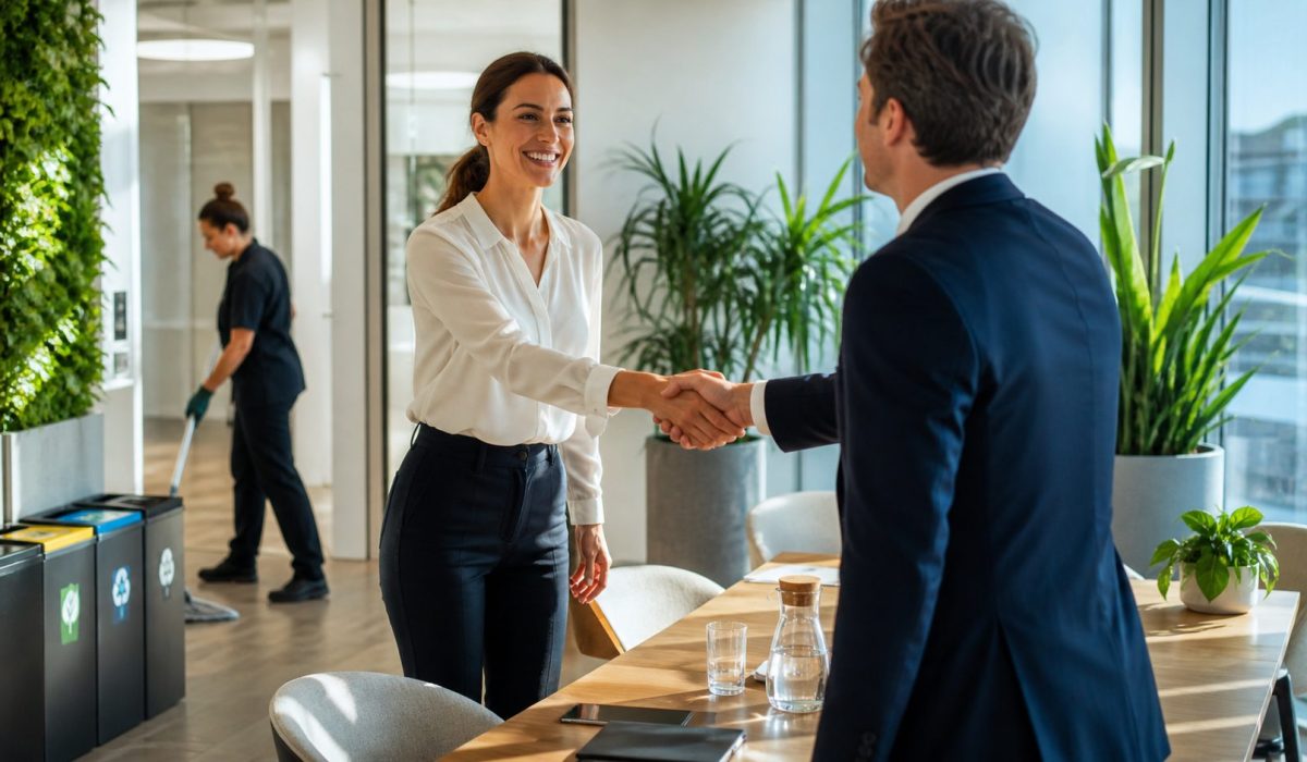 Accueil client dans un bureau propre et moderne illustrant un entretien de bureaux responsable avec tri des déchets, plantes vertes et nettoyage écologique