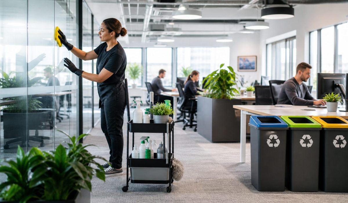 Agent de propreté nettoyant une cloison vitrée dans des bureaux modernes avec des salariés au travail, des plantes vertes et des bacs de tri sélectif illustrant une démarche RSE crédible.