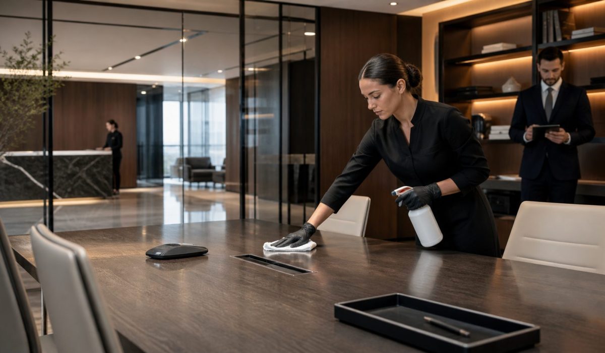 Nettoyage professionnel d’une salle de réunion dans un cabinet haut de gamme avec entretien discret et soigné des bureaux.