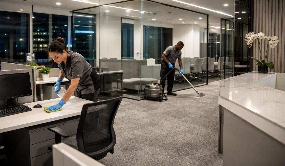 Agent de nettoyage professionnel désinfectant un poste de travail dans des bureaux modernes pendant qu’un second agent réalise un nettoyage ciblé de la moquette