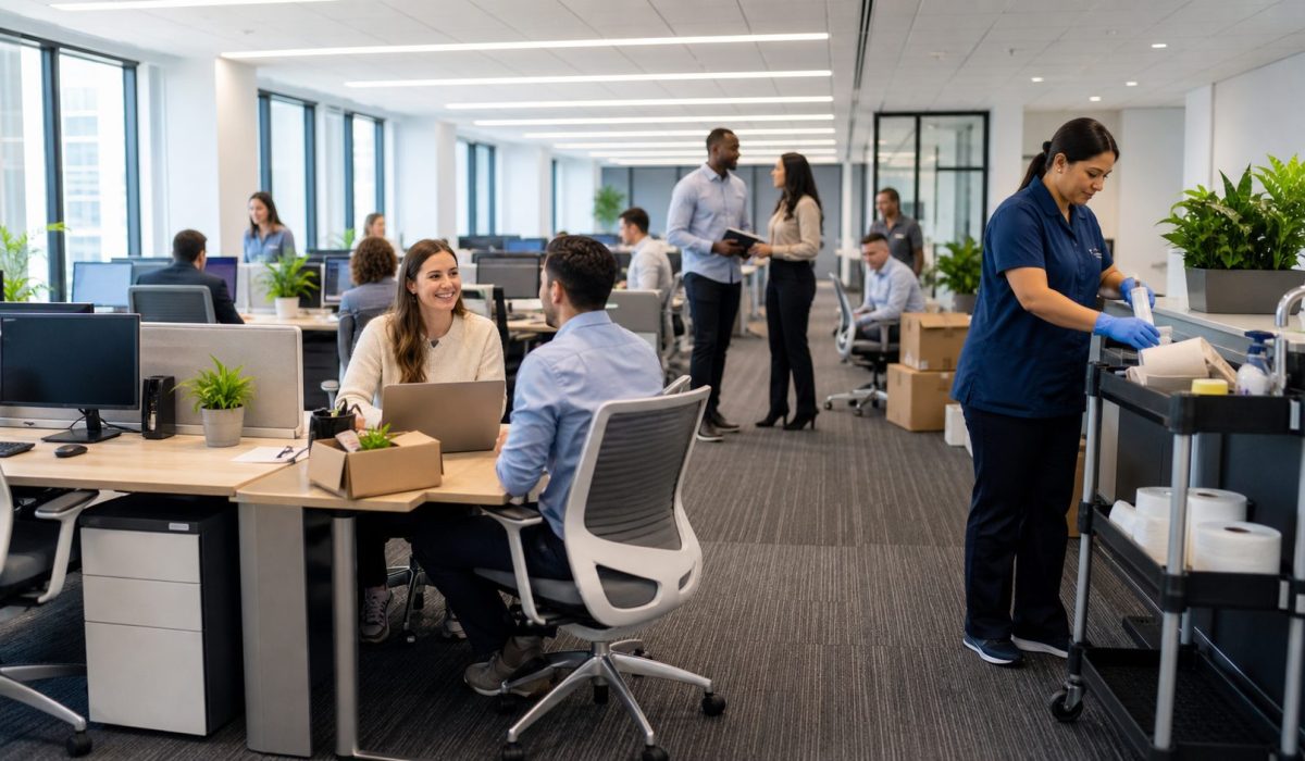 Agent d’entretien intervenant dans un open space moderne pendant l’intégration de nouveaux collaborateurs dans une entreprise qui recrute rapidement