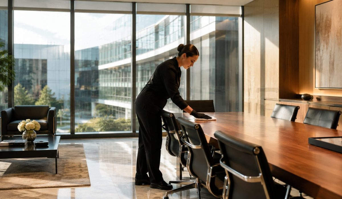 Agent d’entretien nettoyant une table de réunion dans des bureaux de standing modernes et lumineux