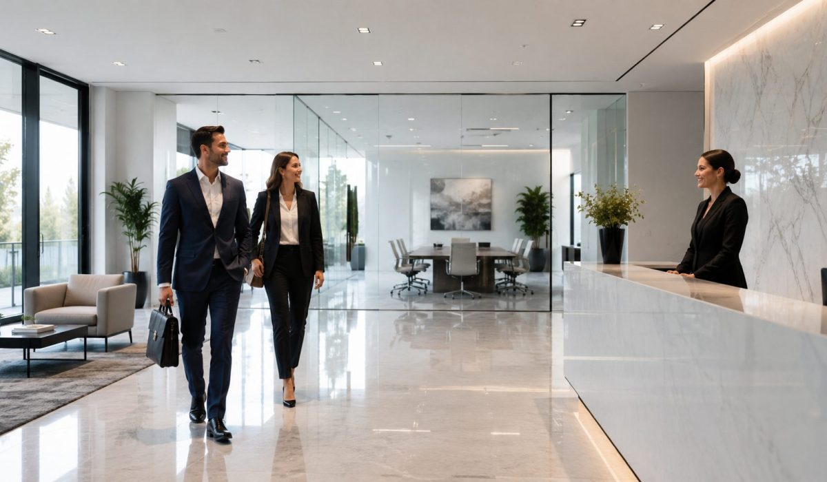Clients entrant dans des bureaux premium impeccablement propres avec accueil professionnel, sols brillants, vitres nettes et salle de réunion haut de gamme