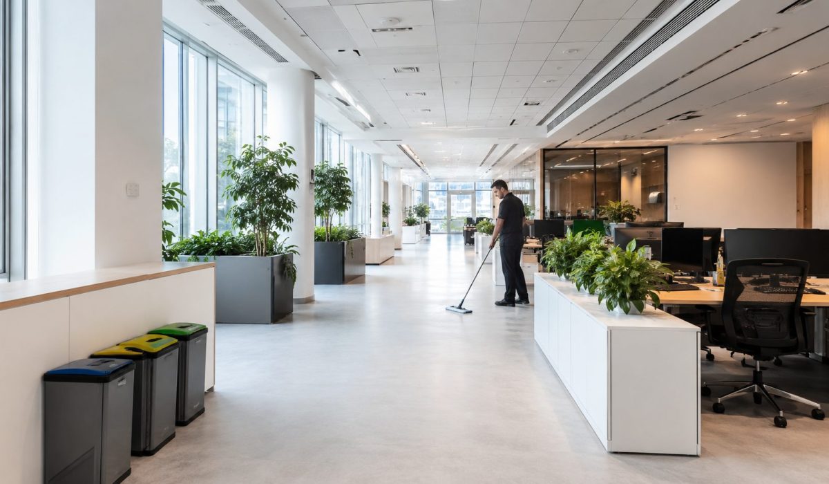 Agent d’entretien nettoyant un bureau moderne bien aménagé avec espaces dégagés, rangements fermés et poubelles de tri pour faciliter le nettoyage