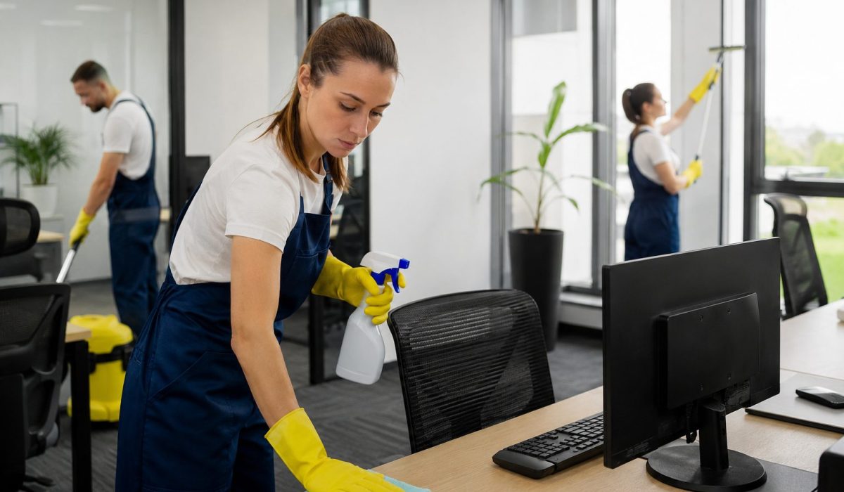 Agents de nettoyage professionnels entretenant des bureaux modernes dans le cadre d’un contrat de nettoyage ajusté en cours d’année