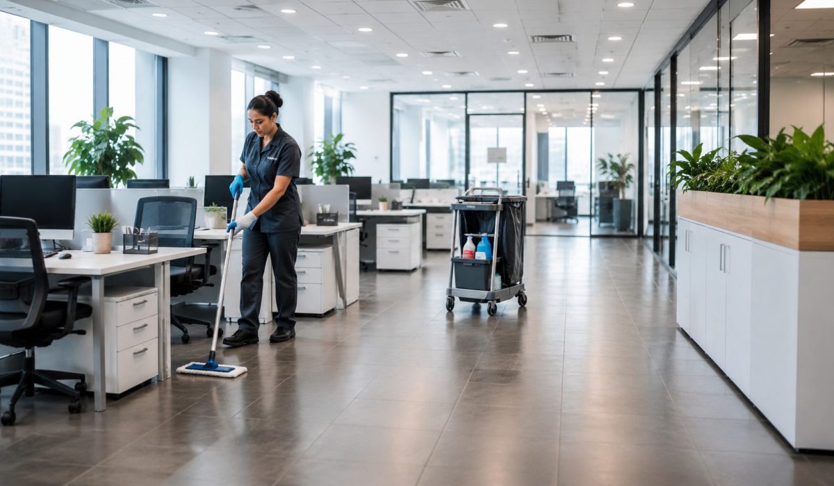 Agent d’entretien nettoyant un bureau moderne bien agencé avec des espaces dégagés et faciles à entretenir