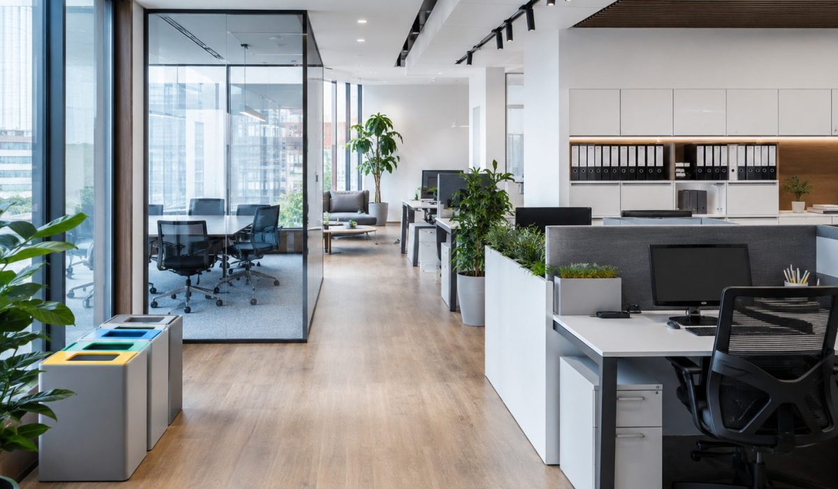 Bureau moderne propre et bien organisé illustrant l’importance de l’aménagement de l’espace pour maintenir la propreté des bureaux