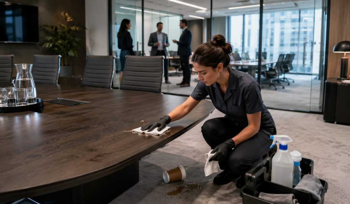 Agent de nettoyage intervenant rapidement dans une salle de réunion moderne pour maintenir la propreté des bureaux avant un rendez-vous professionnel.