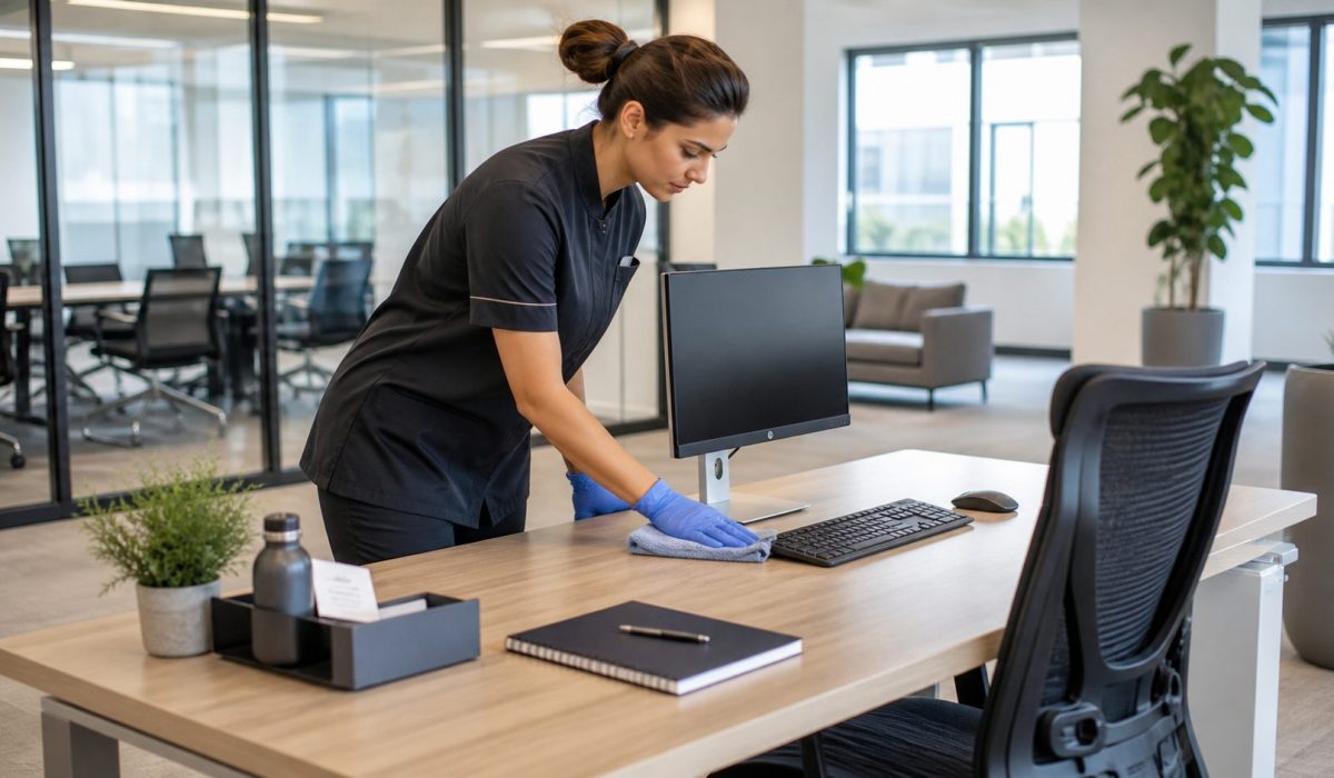 Agent d’entretien nettoyant un poste de travail dans un bureau moderne avant l’arrivée d’un nouveau collaborateur