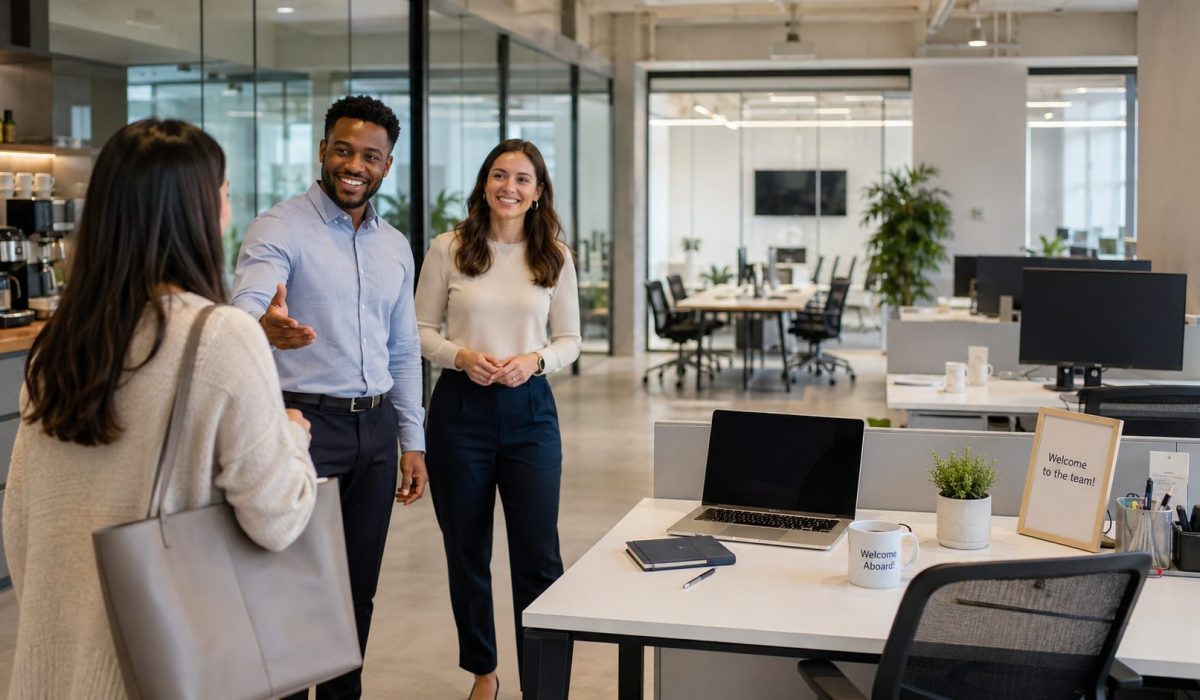 Nouveau collaborateur accueilli dans des bureaux propres, modernes et bien organisés
