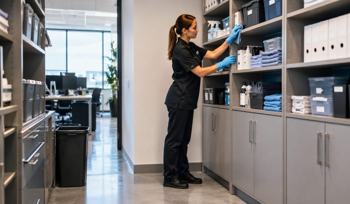 Agent d’entretien nettoyant et organisant des étagères de rangement dans des bureaux professionnels